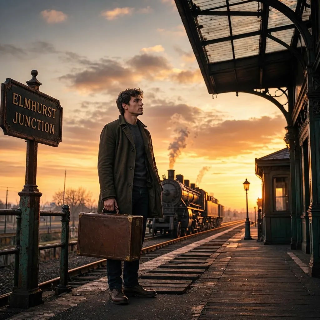 Mai Image 2.5 Pro Text-to-Image: A young traveler standing at a vintage train platform, holding a brown suitcase, soft golden sunset, nostalgic