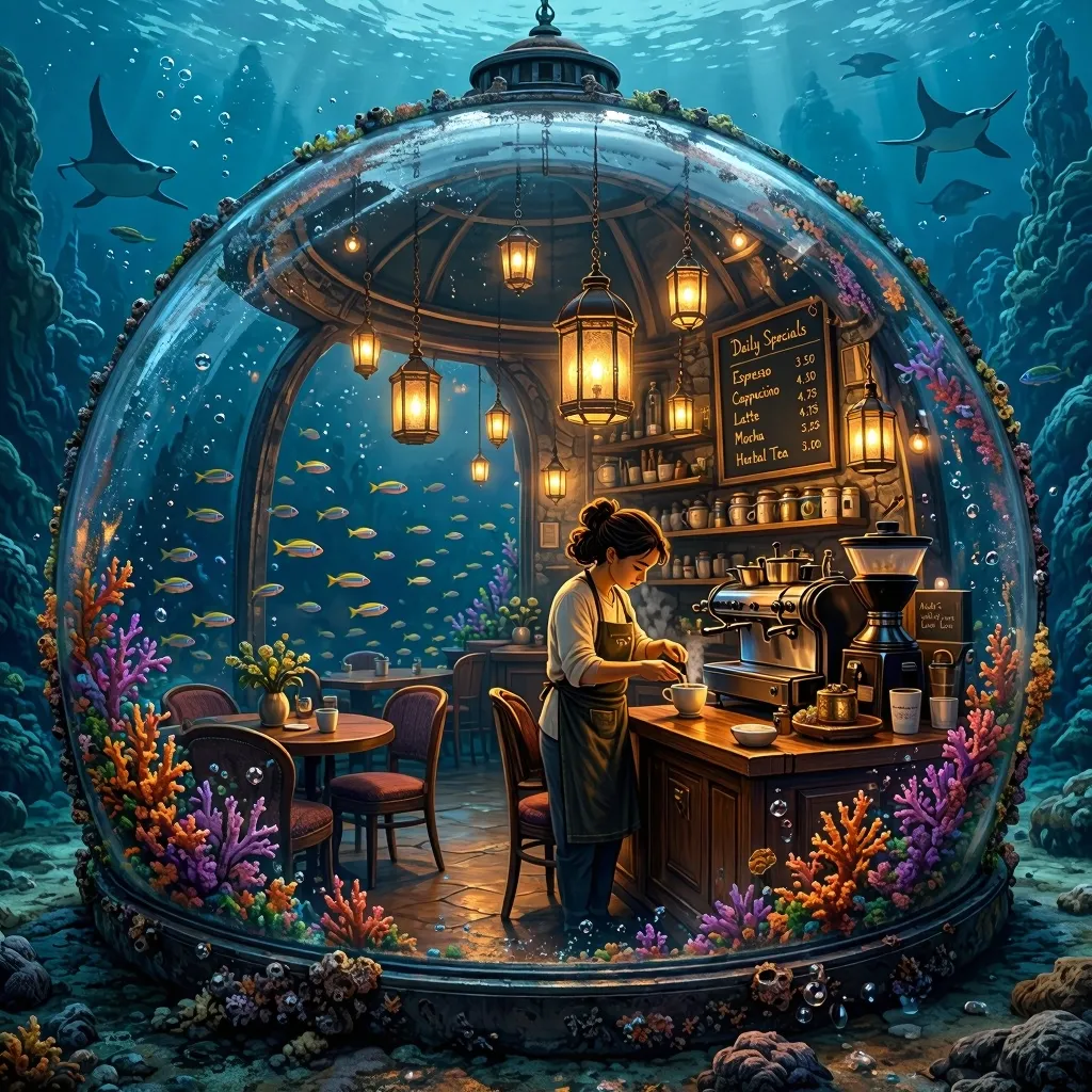 Mai Image 2.5 Pro Text-to-Image: A cozy underwater café inside a glass dome on the ocean floor, warm hanging lights, colorful coral growing aro