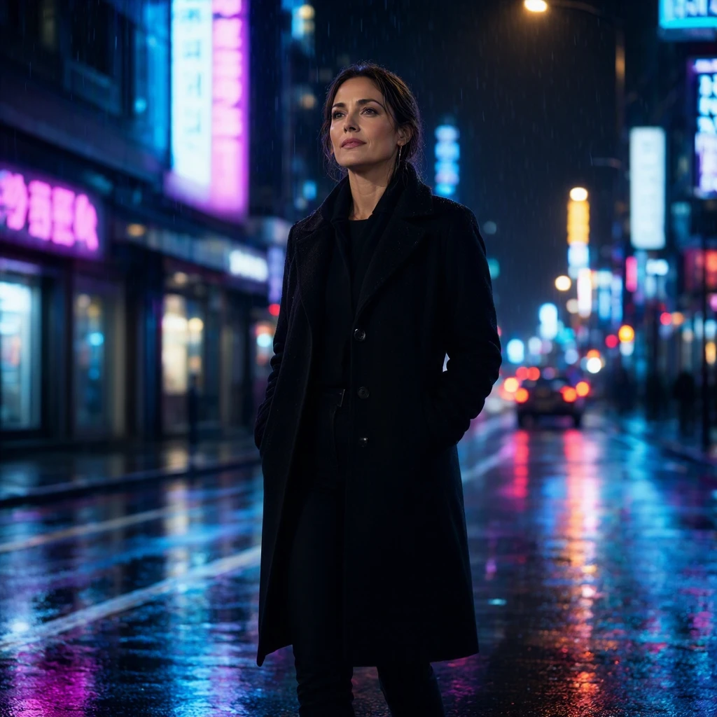 Mai Image 2.5 Text-to-Image: A cinematic movie still of an adult US woman standing alone on a rainy city street at night, wet pavement refl