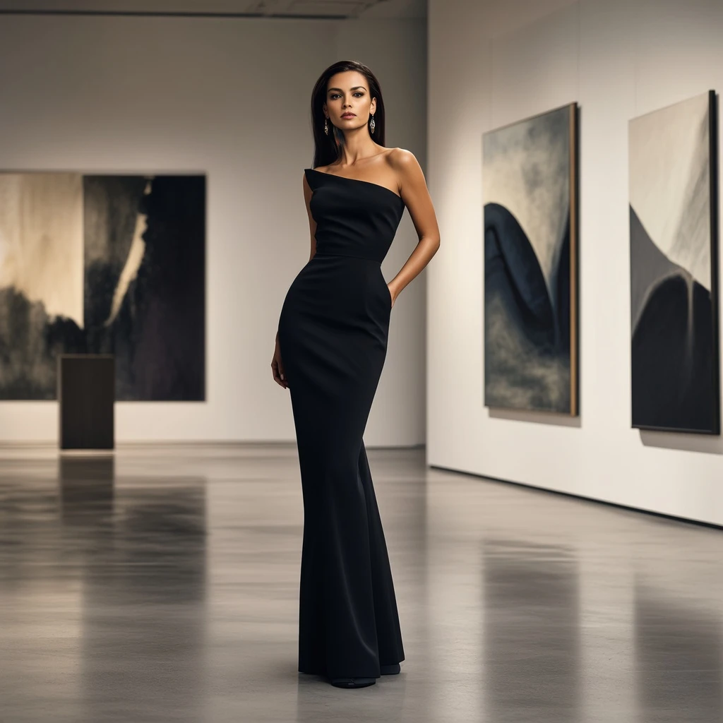 Cosmos 3 Super Text-to-Image: A photorealistic high-fashion portrait of an adult female model standing in a minimalist art gallery, sculptur