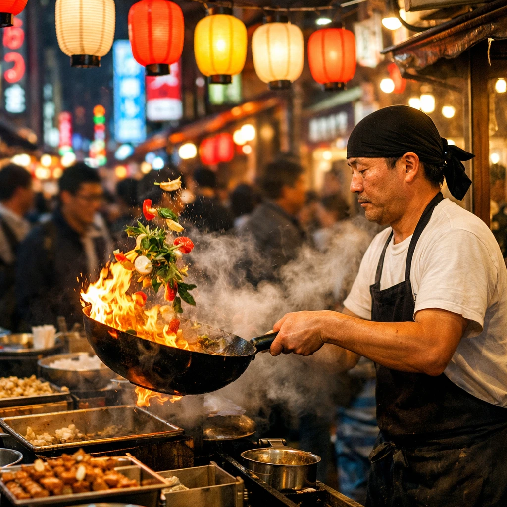GPT Image 1.5 Text-to-Image: Street food market in Tokyo at night, chef tossing flaming wok with vegetables mid-air, steam rising, colorful