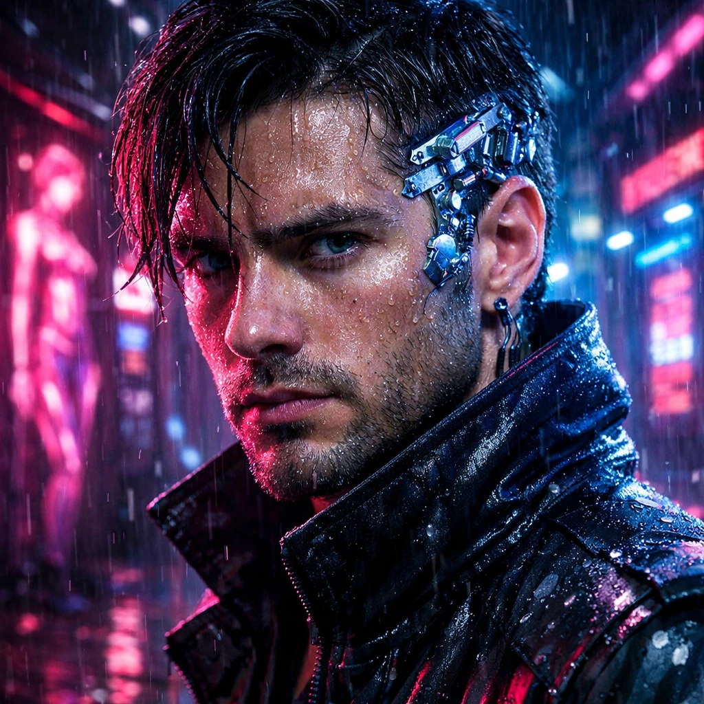 GPT Image 1.5 Text-to-Image: Portrait of a cyberpunk hacker, neon pink and blue rim lighting, chrome cybernetic implants on temple, rain dr
