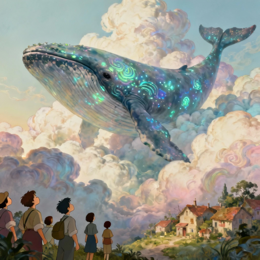 GPT Image 1.5 Text-to-Image: Surrealist artwork of a giant whale swimming through clouds above a tiny village, bioluminescent patterns on w
