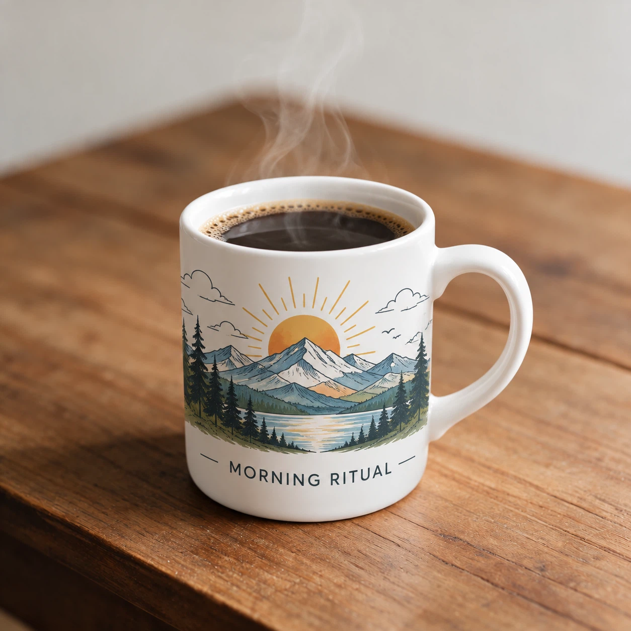 GPT Image 2 Edit: Turn this plain mug into a product mockup: print a hand-drawn illustration of a mountain sunrise wrapping arou