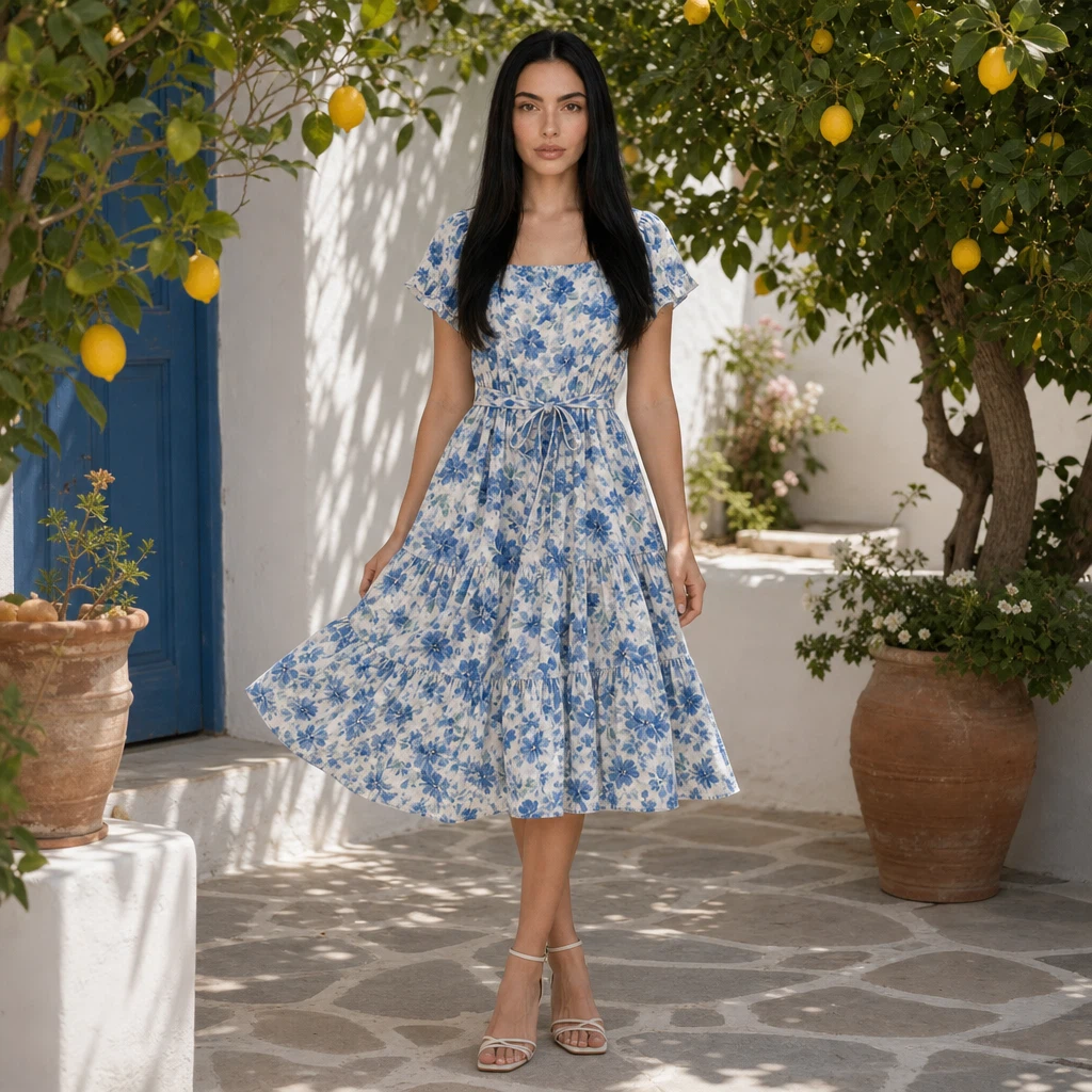 GPT Image 2 Edit: Create a professional e-commerce fashion photo: the woman from the first image wears the blue floral summer dr