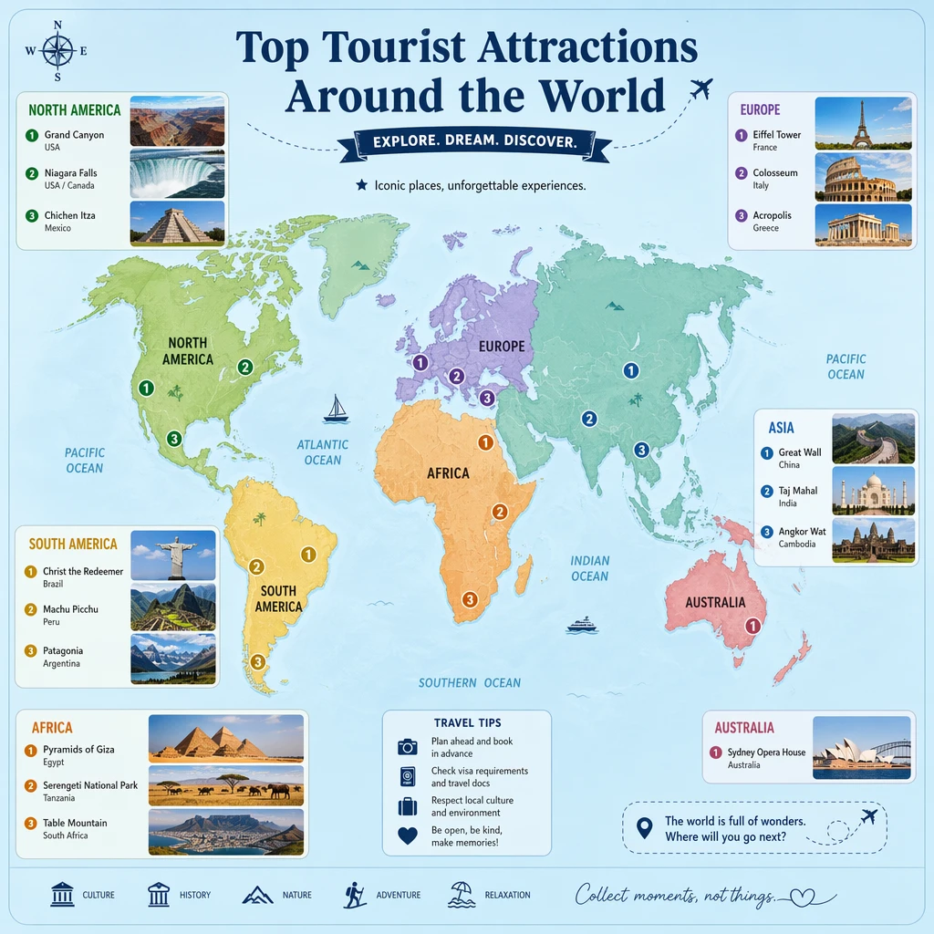 GPT Image 2 Text-to-Image: Generate a map of recommended tourist attractions around the world