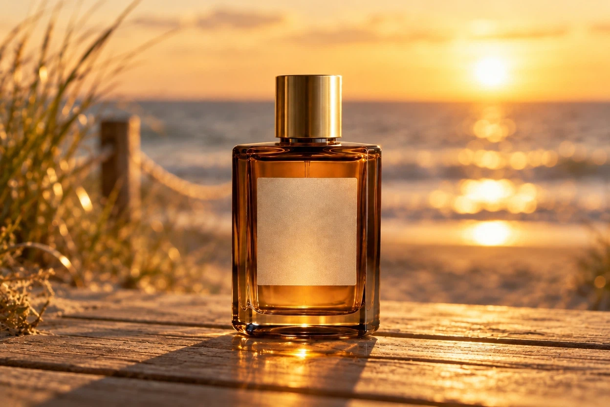 openai/gpt-image-2.5-flare/edit: Place this exact perfume bottle on a sunlit beach boardwalk at golden hour, ocean and soft bokeh in the backgr