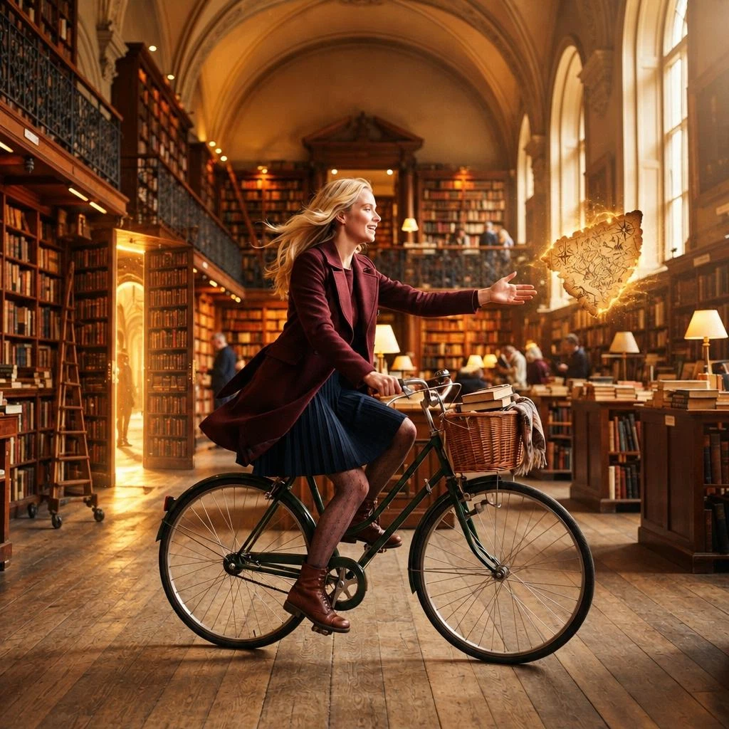 openai/gpt-image-2.5-flare/edit: Transform the flying page into an ancient glowing map fragment while preserving the woman’s face, bicycle, mot