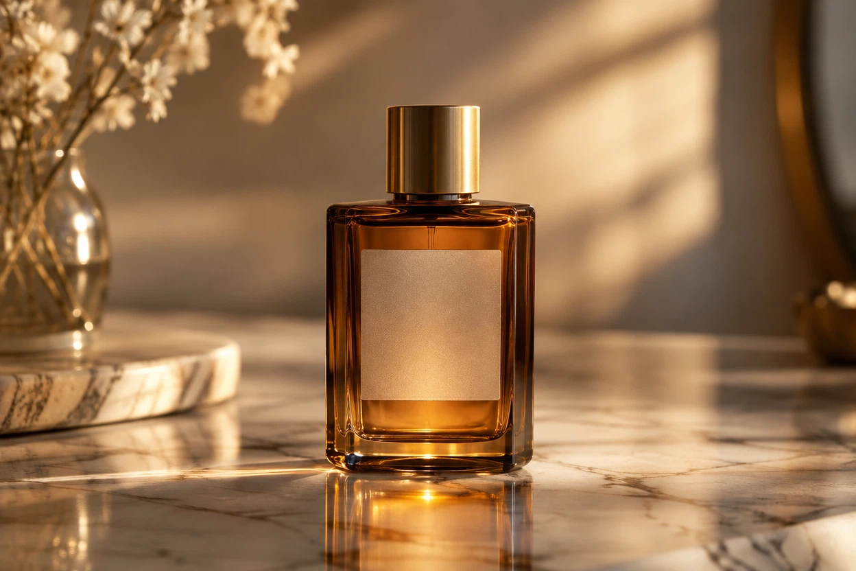 openai/gpt-image-2.5-flare/text-to-image: A cinematic product photo of an unbranded amber glass perfume bottle with a plain frosted-glass label and no t