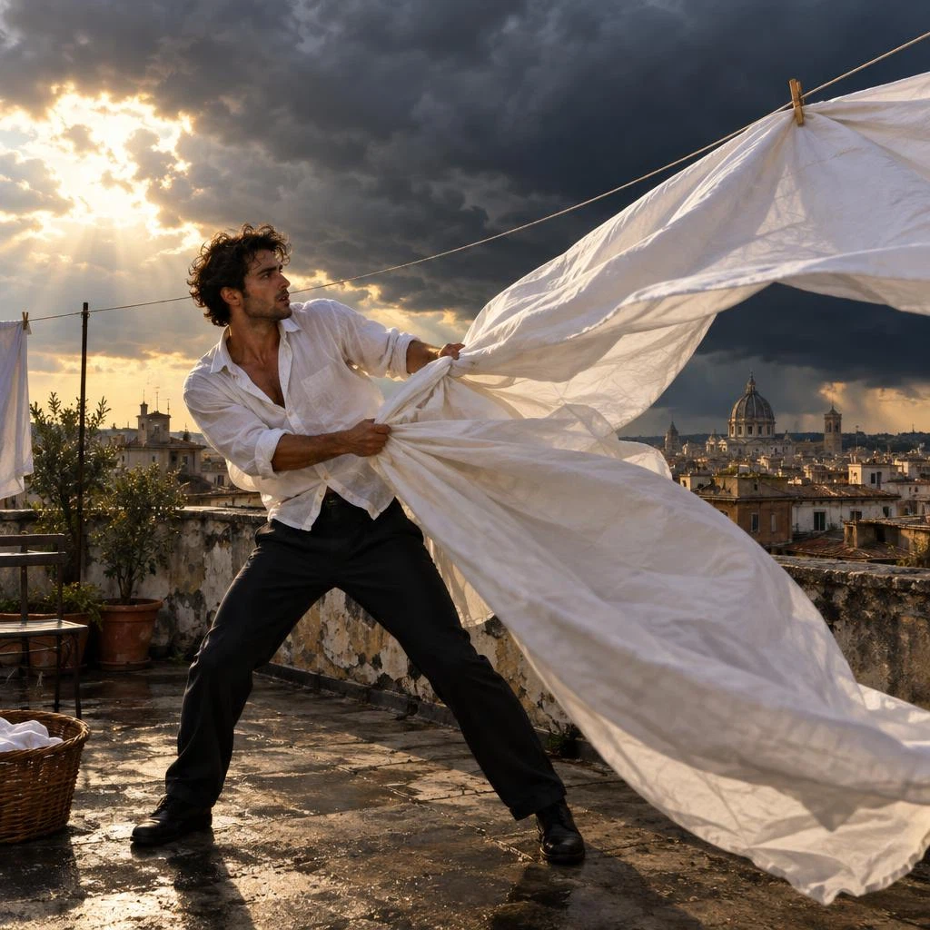 openai/gpt-image-2.5-flare/text-to-image: A handsome young Mediterranean man standing on the rooftop of an old apartment building just before a storm, w