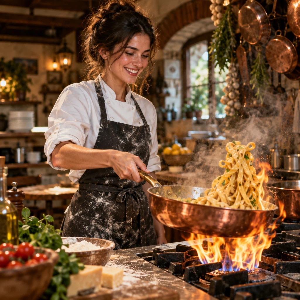 openai/gpt-image-2.5-flare/text-to-image: A cheerful young woman chef with rolled sleeves tossing fresh pasta in a steaming copper pan in a rustic tratt