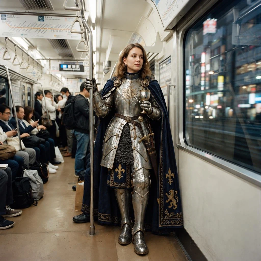 openai/gpt-image-2.5-sunburst/edit: Transform the woman into a medieval knight displaced in the modern world while preserving her exact face, post