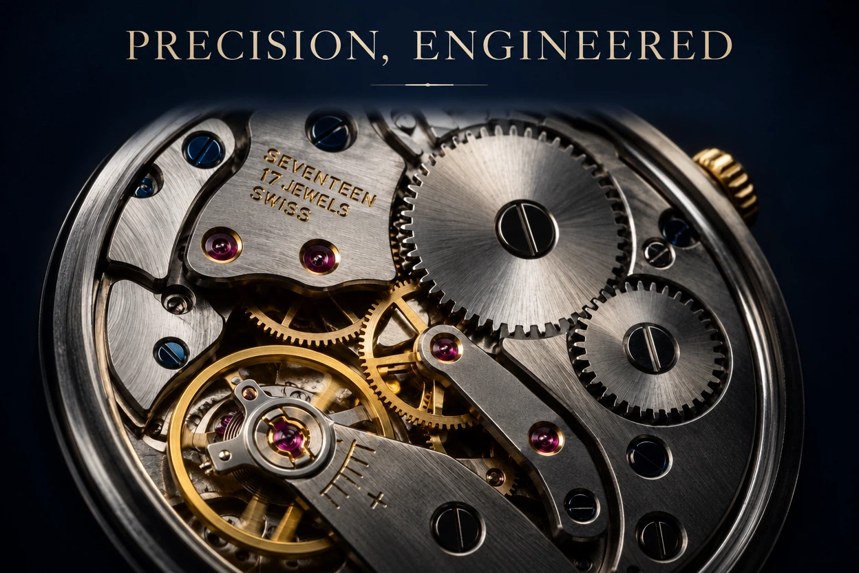 openai/gpt-image-2.5-sunburst/edit: Turn this watch movement photo into a premium print advertisement: add a dark navy backdrop, a subtle vignette