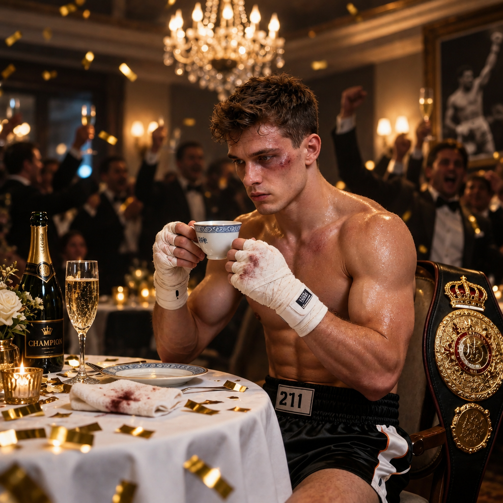 openai/gpt-image-2.5-sunburst/edit: Transform the elegant dinner scene into a stylish underground champion’s celebration while preserving the boxe