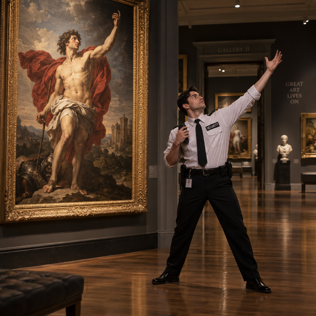 openai/gpt-image-2.5-sunburst/text-to-image: A young male museum security guard standing beside a dramatic Renaissance painting after closing time, secretl