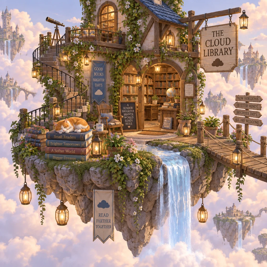 openai/gpt-image-2.5-sunburst/text-to-image: A cozy isometric illustration of a tiny floating island bookshop in the clouds, with a spiral staircase, glowi