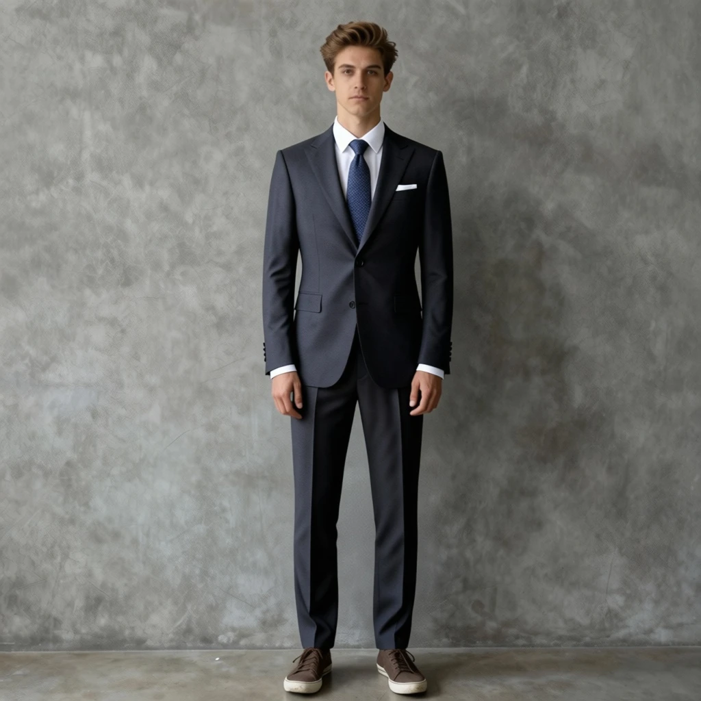 P Image Edit: Change the figure 1 man's suit to the clothes in figure 2.