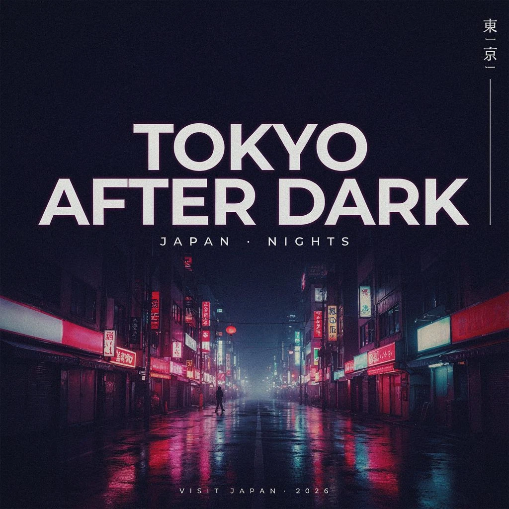 P Image Ideogram: A premium travel poster for “TOKYO AFTER DARK”. Large, perfectly legible typography, bold modern sans-serif he