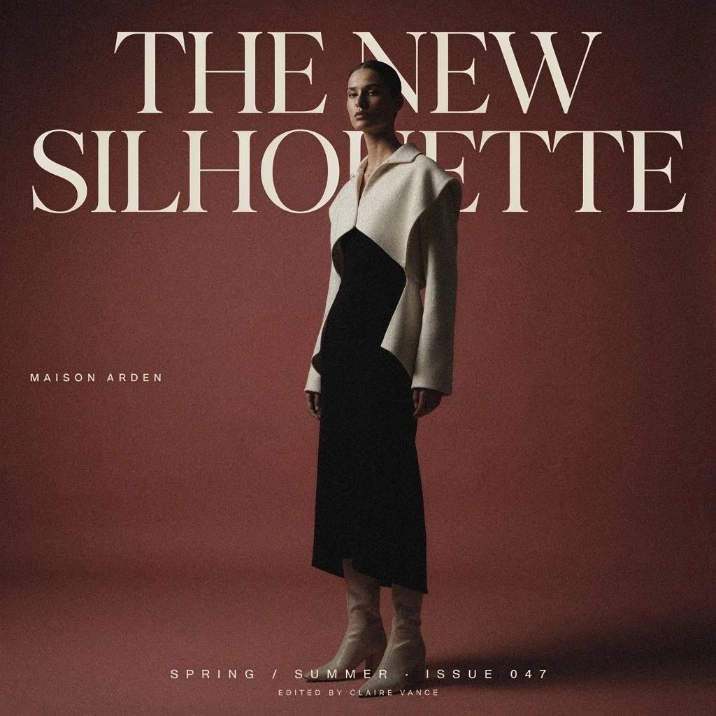 P Image Ideogram: A high-fashion editorial poster for “THE NEW SILHOUETTE”. Large, perfectly legible typography, elegant oversiz