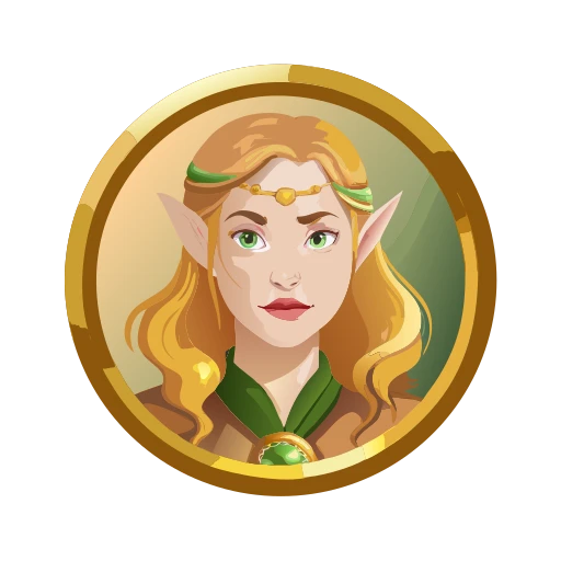 Recraft 20b Svg: Oil-painted round icon of a forest elf girl, golden border, painterly brushwork, fantasy RPG UI design, decora