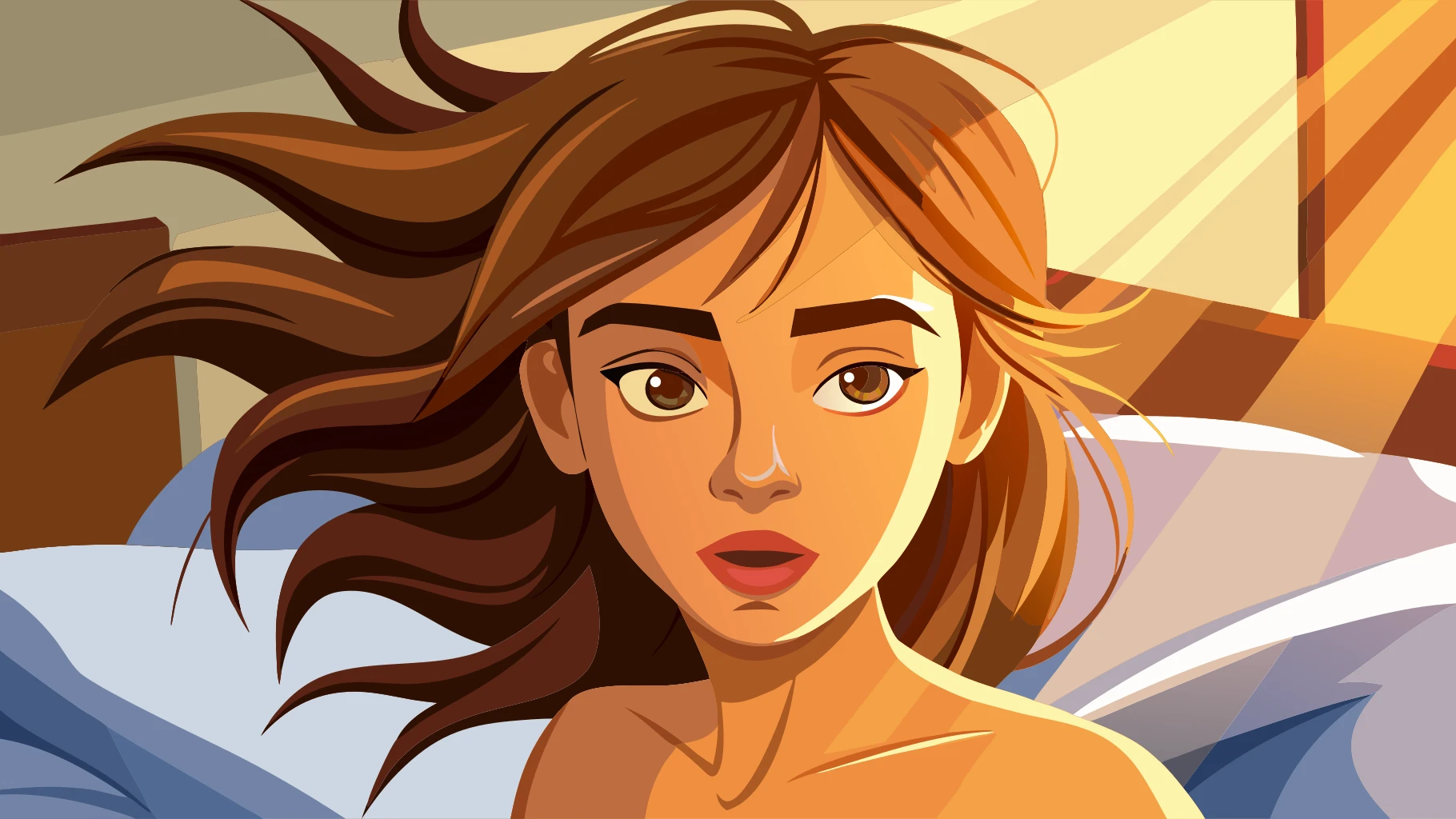 Recraft 20b Svg: Young woman waking up in the morning sunlight, lying in bed with tousled hair, warm backlight, intimate and na