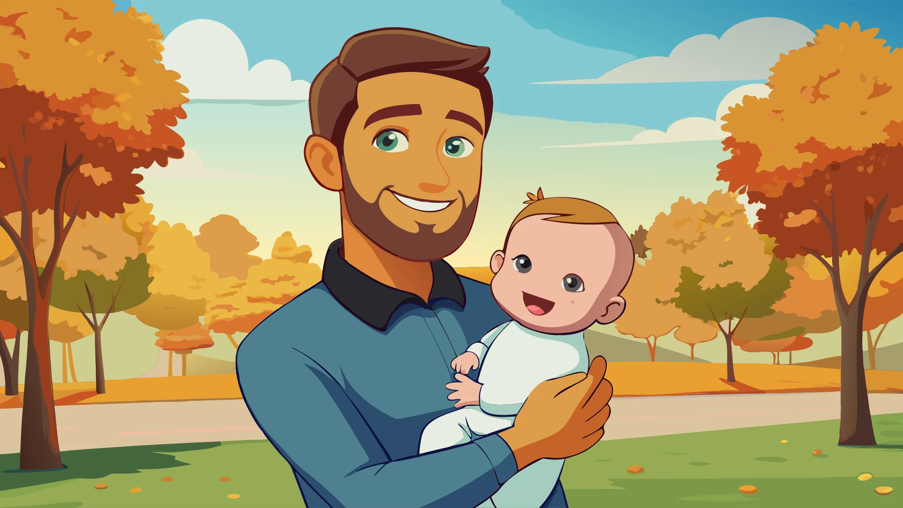 Recraft 20b Svg: Father holding his baby in a sunlit park, candid emotion, detailed facial features, colorful autumn background
