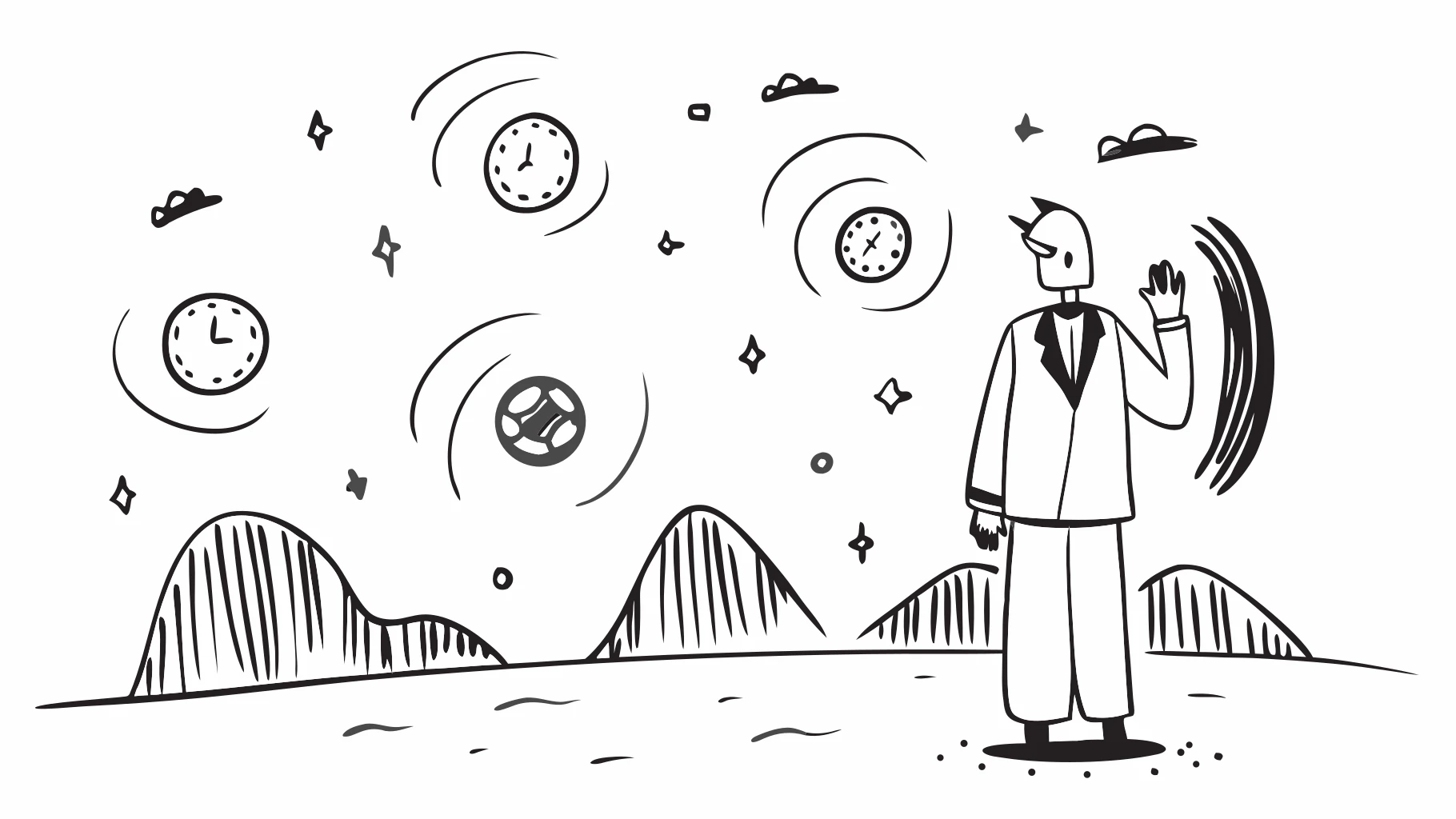 Recraft 20b Svg: Man with a starry night sky in place of his face, wearing a suit, standing in a desert with melting clocks, in