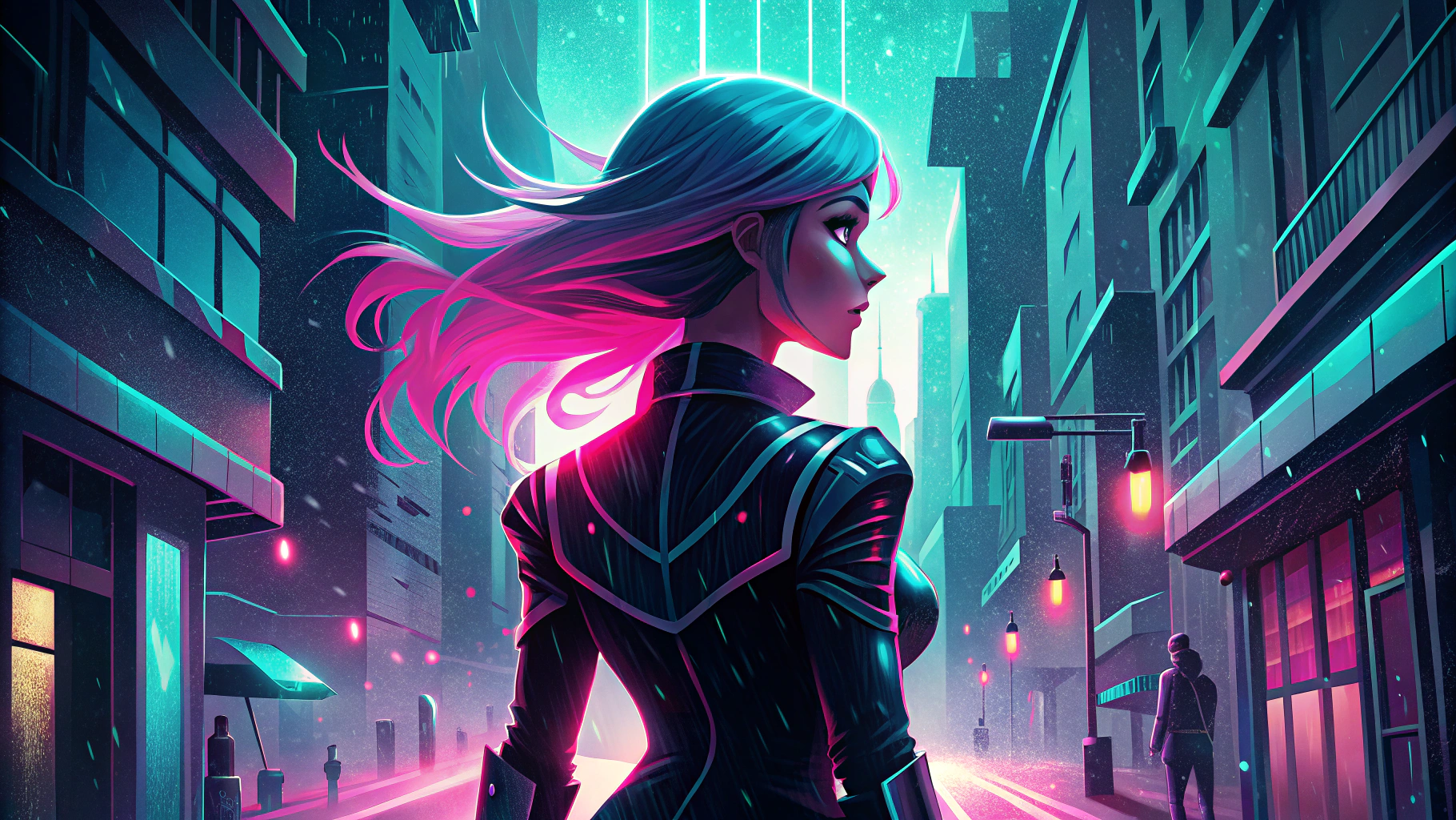 Recraft 20b: Cyberpunk girl with neon pink hair and glowing implants walking through rainy Tokyo streets, reflections, neon