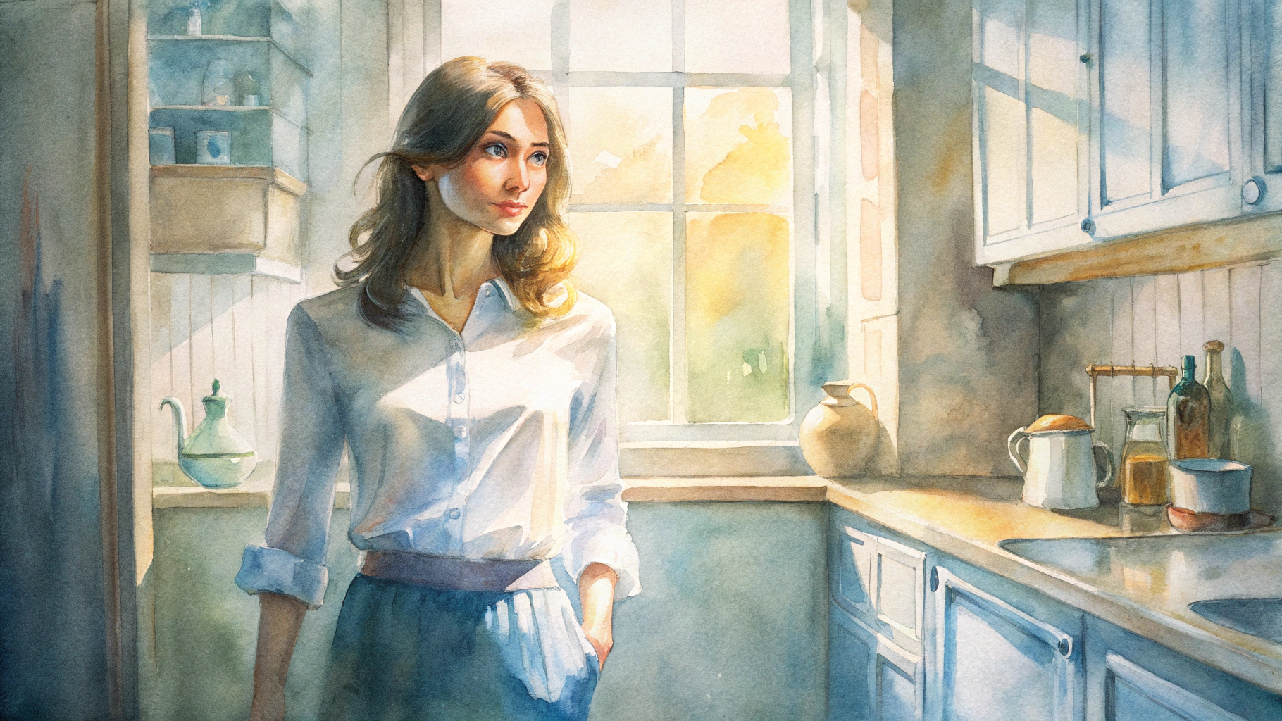 Recraft 20b: A young woman in a white blouse and denim skirt standing in a sunlit kitchen, soft morning light