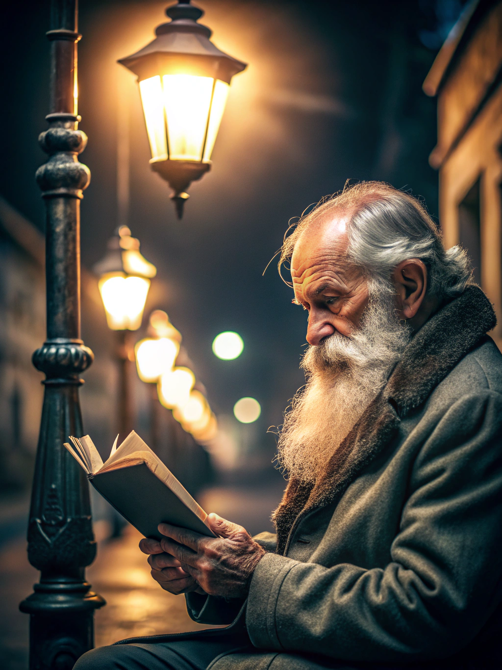 Recraft 20b: Old man with a long grey beard reading a book under a streetlamp at night, cinematic lighting, photorealistic,