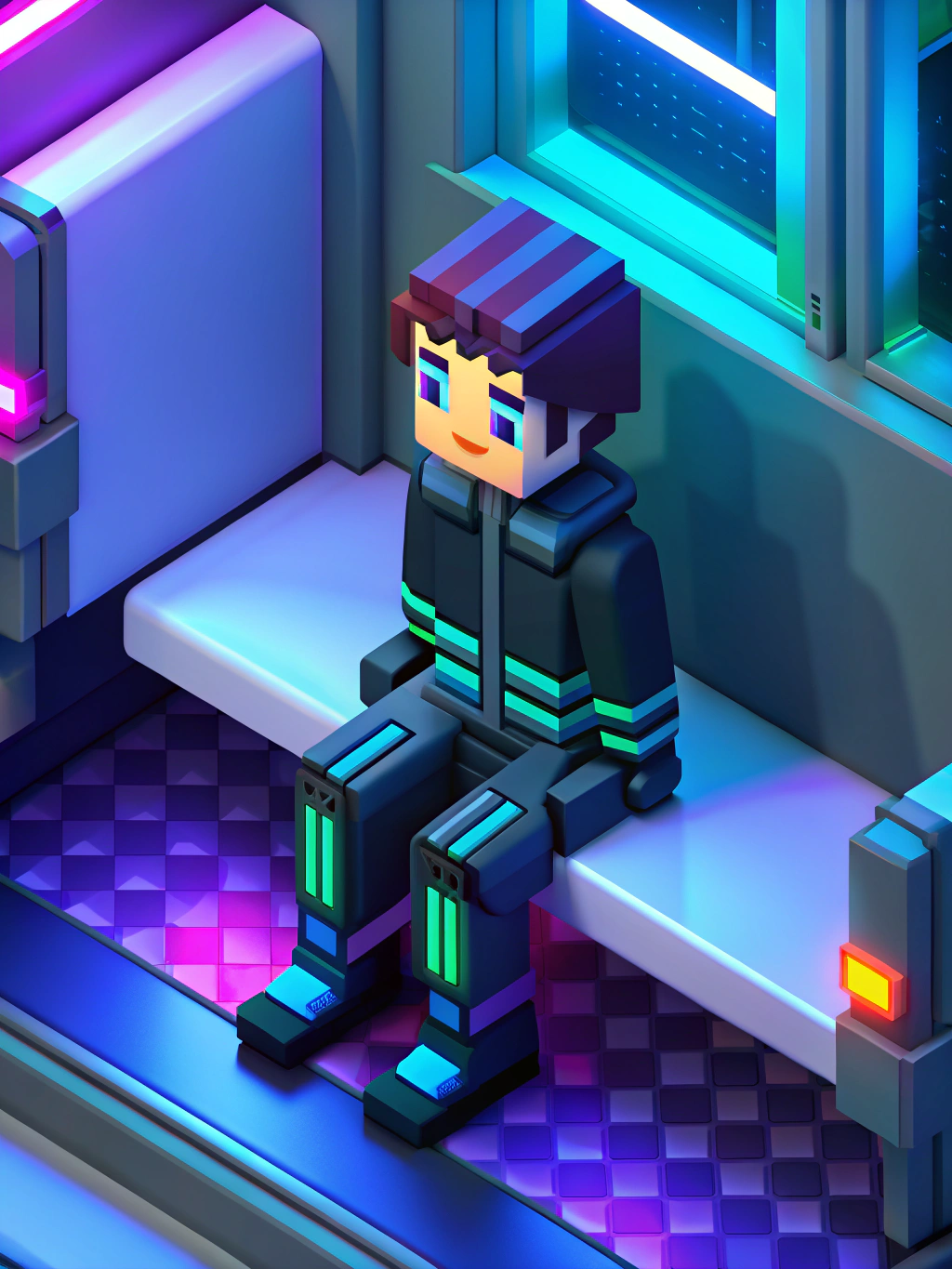 Recraft 20b: Android boy sitting in a futuristic subway, LED lights flickering, chrome skin, dystopian mood, cyberpunk fash