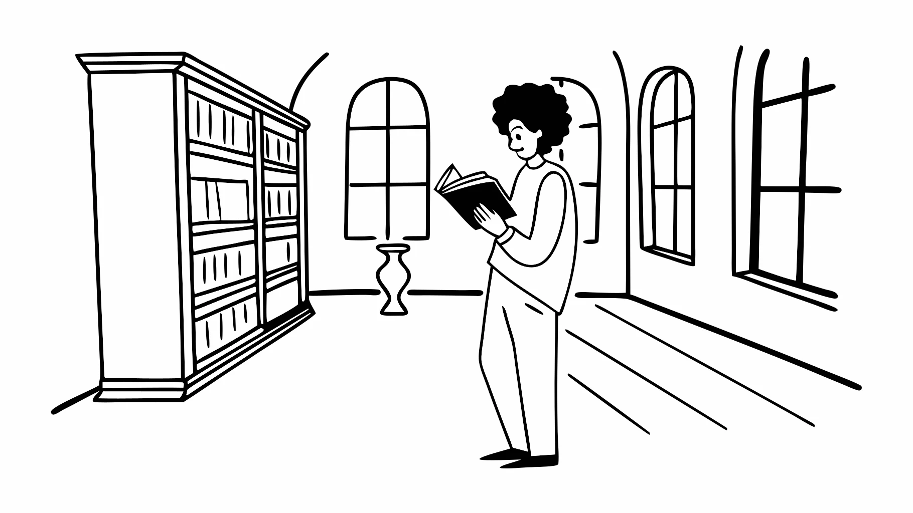 Recraft V3 Svg: Young man with curly hair reading a book in a vintage library, warm sunlight casting shadows