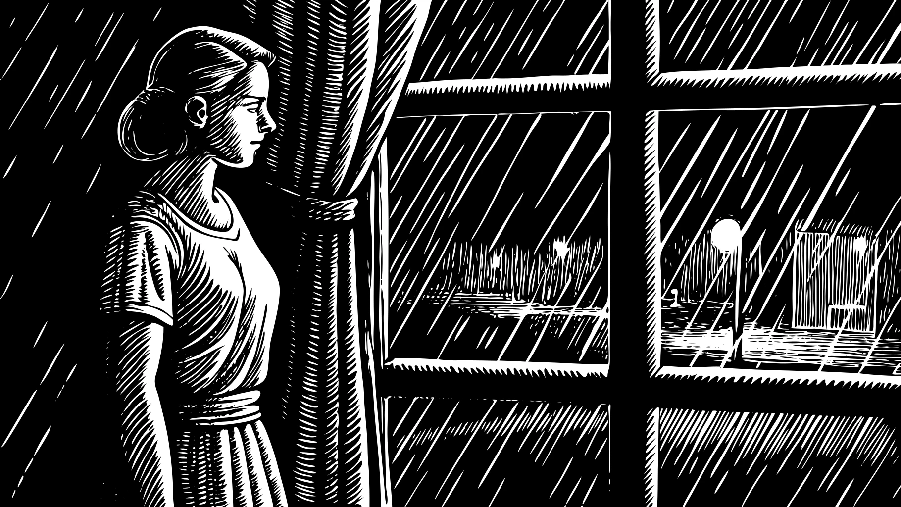 Recraft V3 Svg: A woman in a dress standing beside a rainy window