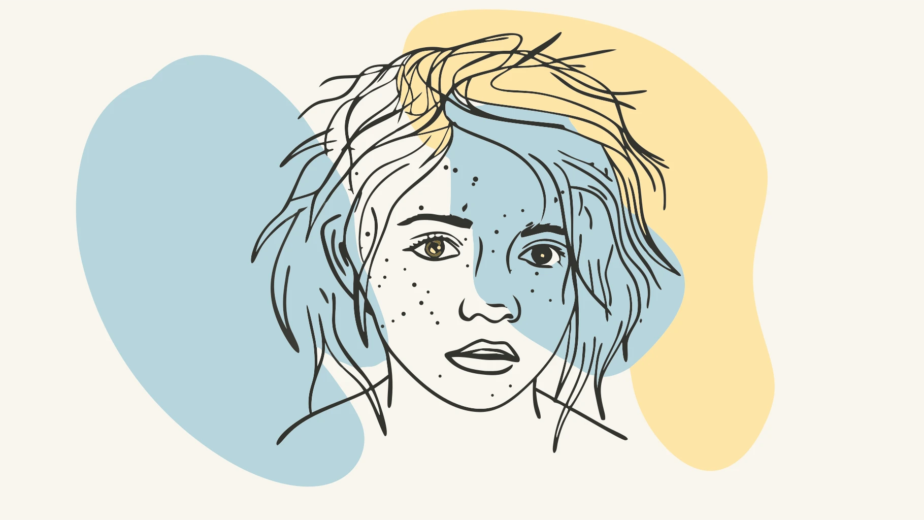 Recraft V3 Svg: Close-up portrait of a freckled teenage girl with messy hair and intense eyes