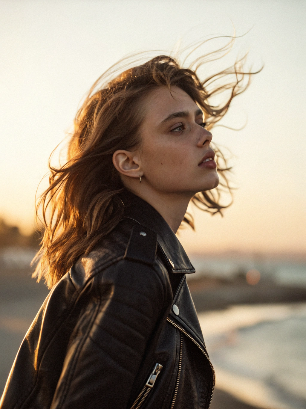 Recraft V3: Ultra-realistic portrait of a young woman with windswept hair, wearing a leather jacket, golden hour lighting,