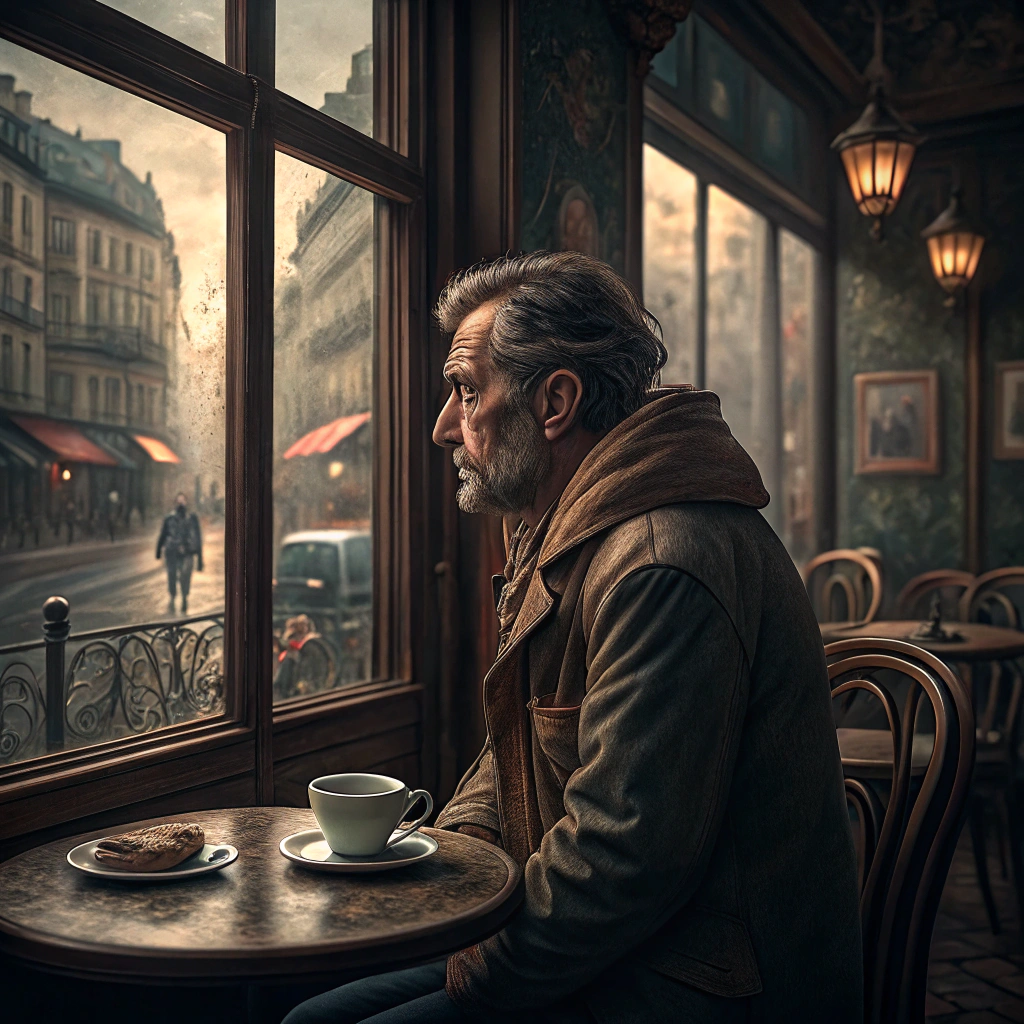 Recraft V3: A middle-aged man sitting by a window in a Parisian café, moody lighting, warm tones, high-detail wrinkles and