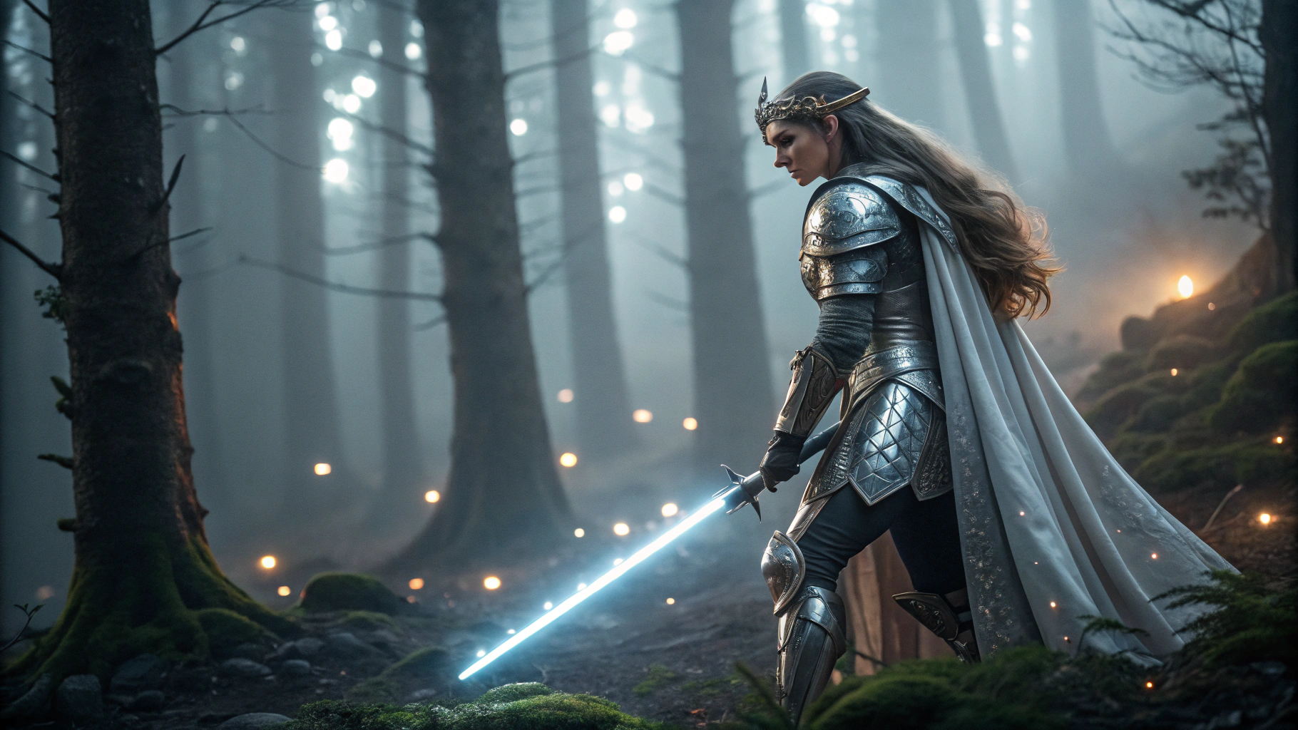 Recraft V3: Elven warrior queen in silver armor, long flowing hair, glowing sword, standing in a misty enchanted forest, m