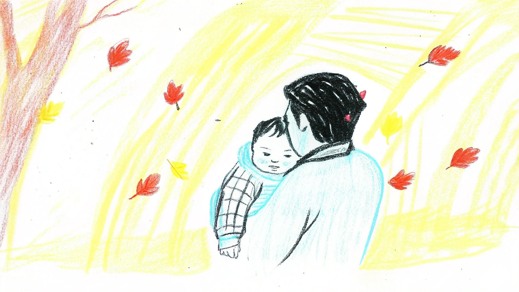 Recraft V3: Father holding his baby in a sunlit park, candid emotion, detailed facial features, colorful autumn background