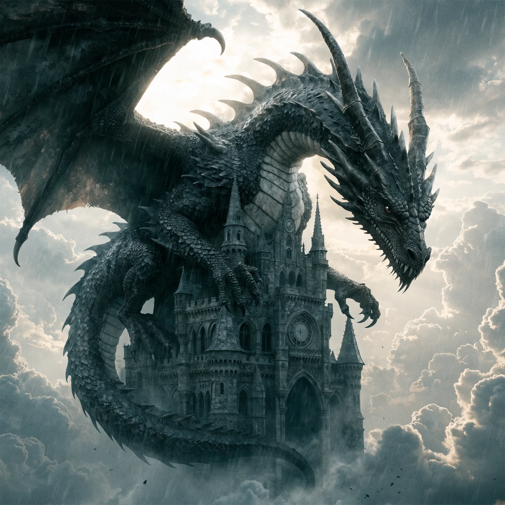 Recraft V4 Pro Text-to-Image: A massive ancient dragon coiled around a floating castle in the clouds, epic fantasy illustration, detailed sc
