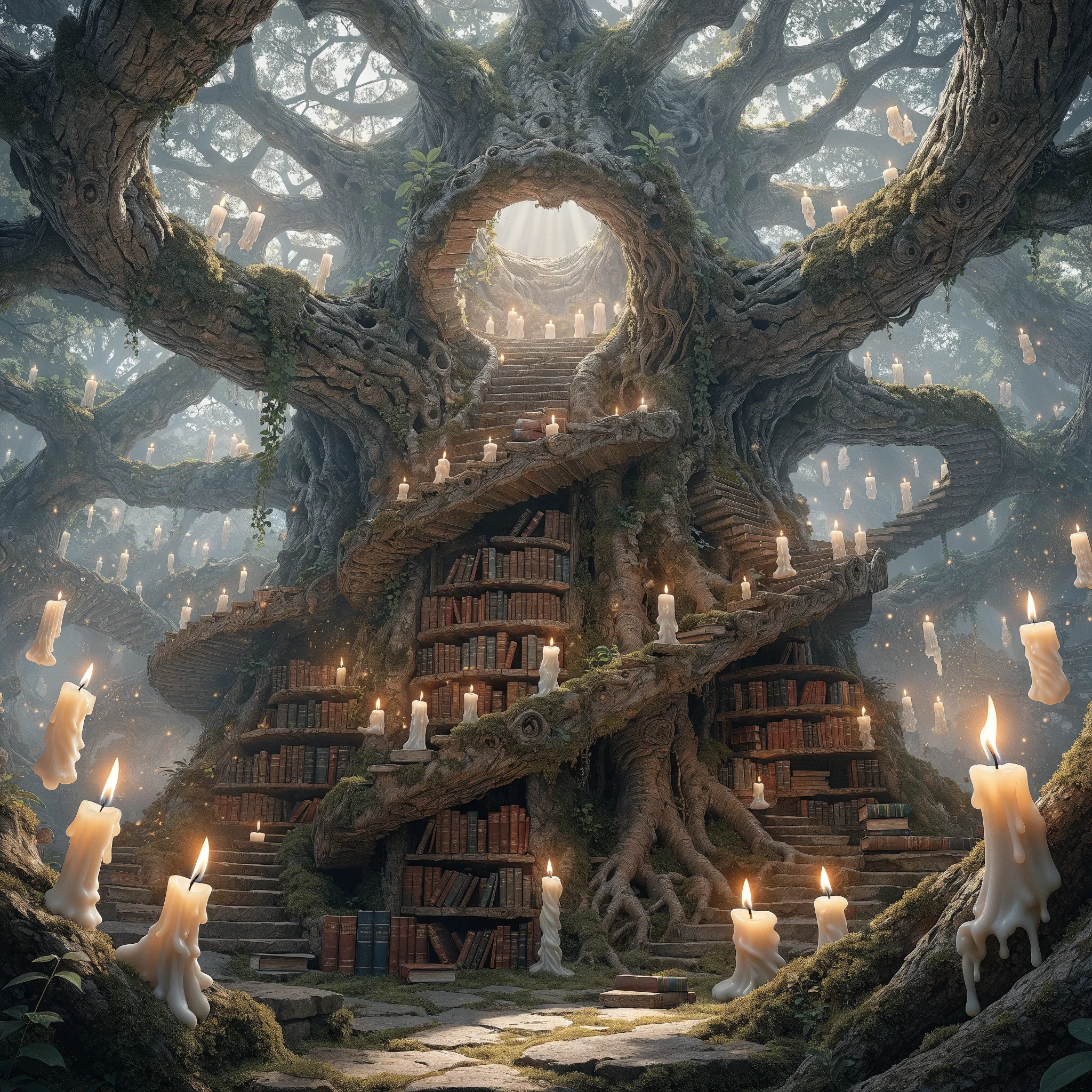 Recraft V4 Pro Text-to-Image: An ancient library built inside a hollowed-out giant tree, spiral staircases carved into the bark, floating ca