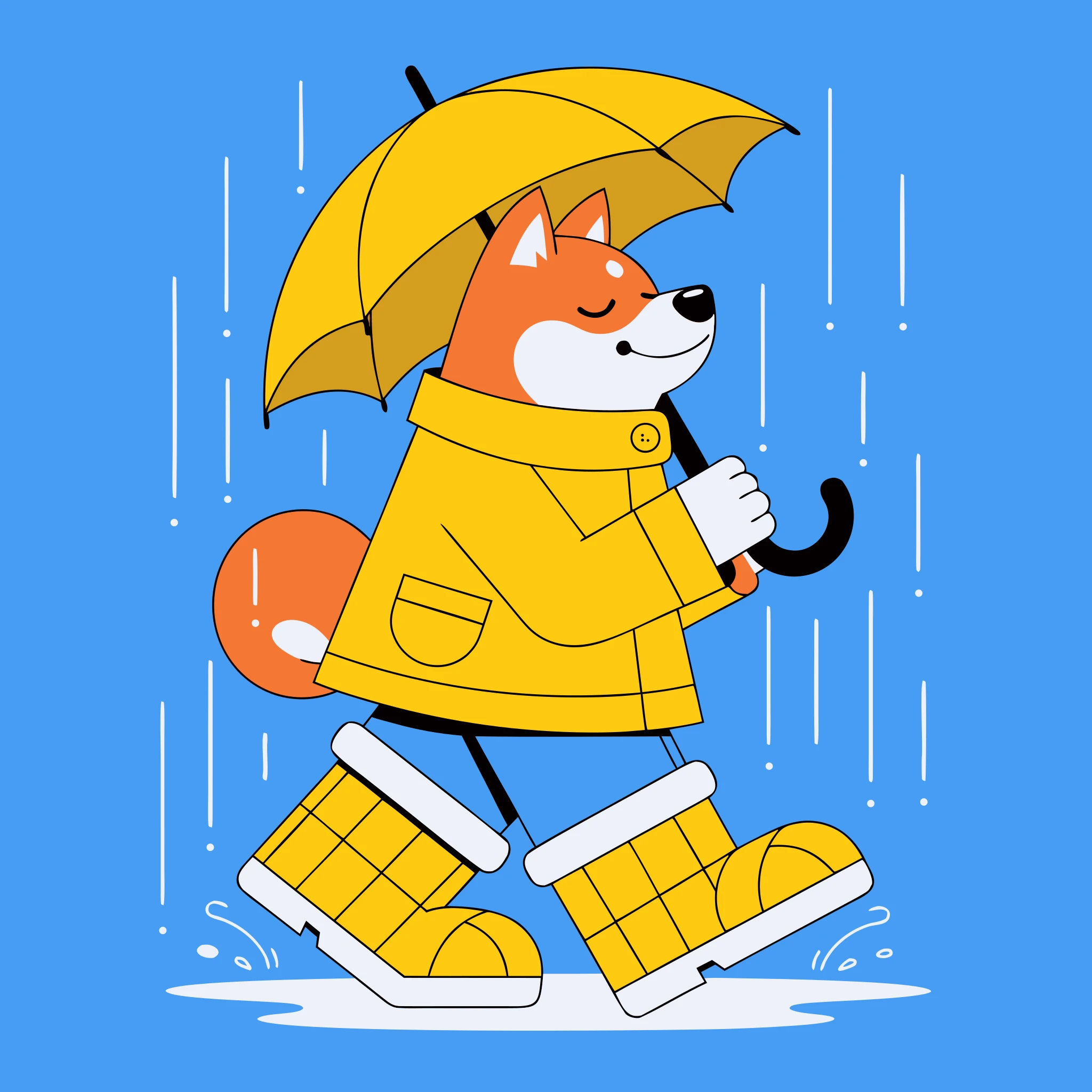 Recraft V4 Pro Text-to-Vector: A cute character shiba inu wearing a yellow raincoat and rain boots, 3d flat color, design, holding a small um