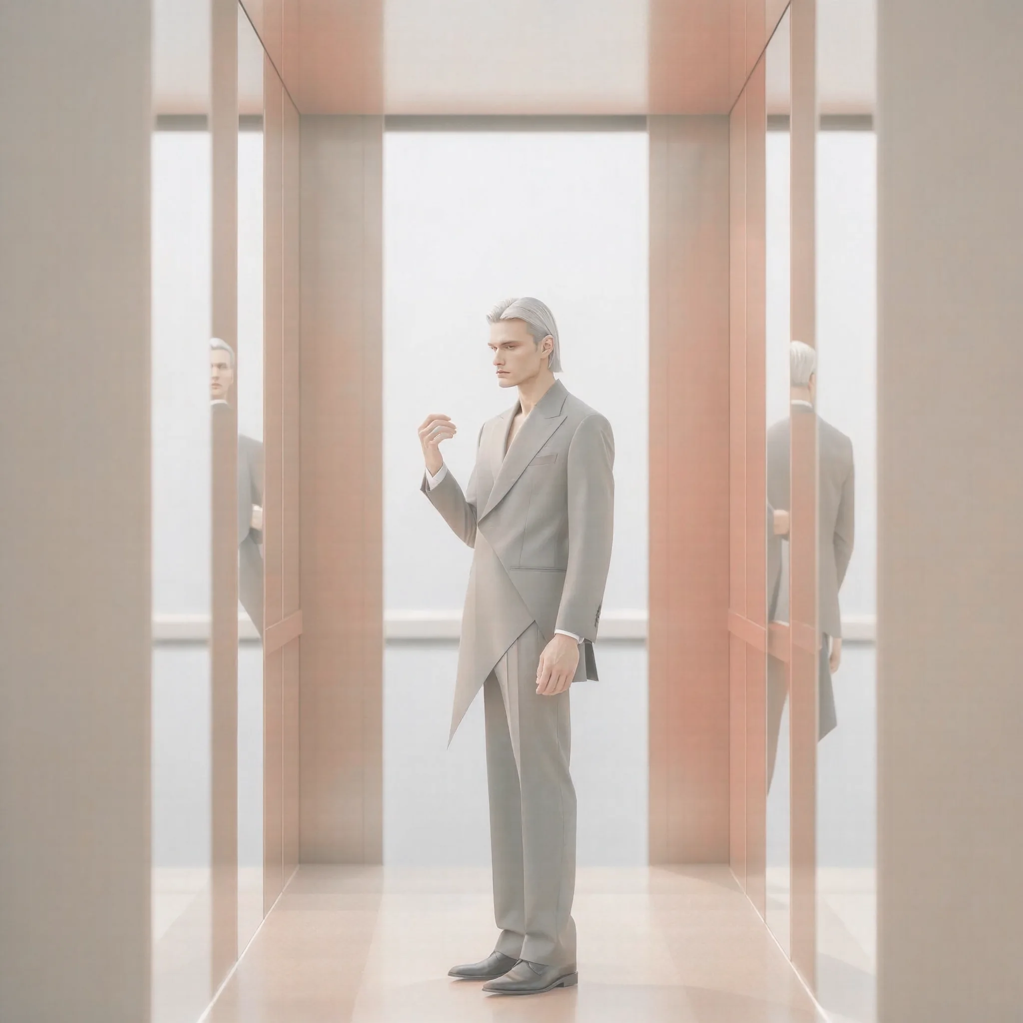 Recraft V4 Style Pro Text-to-Image: A mysterious young European man standing inside an entirely deep-red luxury elevator, wearing a sculptural cha