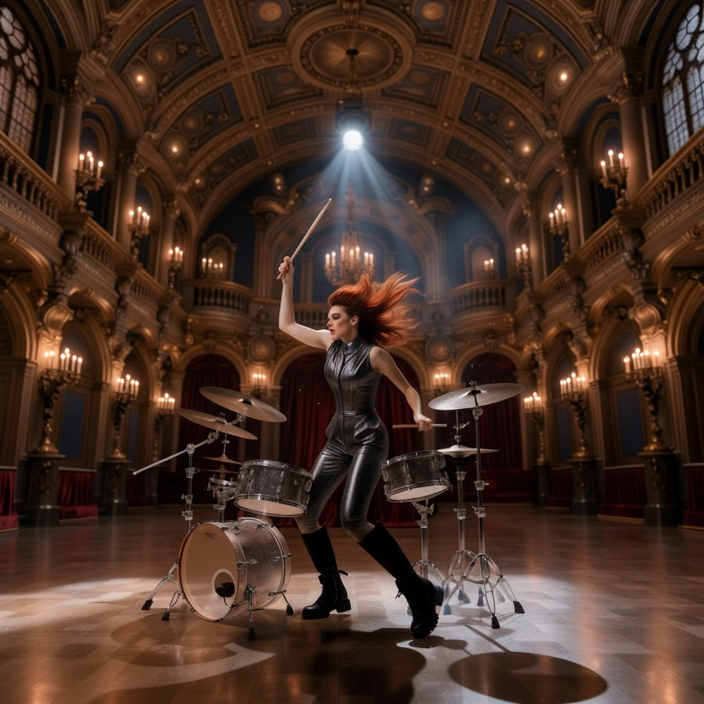 Recraft V4 Style Text-to-Image: A striking young red-haired woman performing behind a transparent acrylic drum kit inside a completely cobalt-