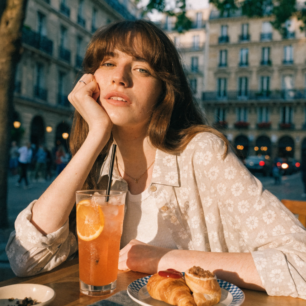 Recraft V4 Text-to-Image: A young woman sitting in a Parisian café at golden hour, soft bokeh background, shot on Canon EOS R5, 85mm f/1