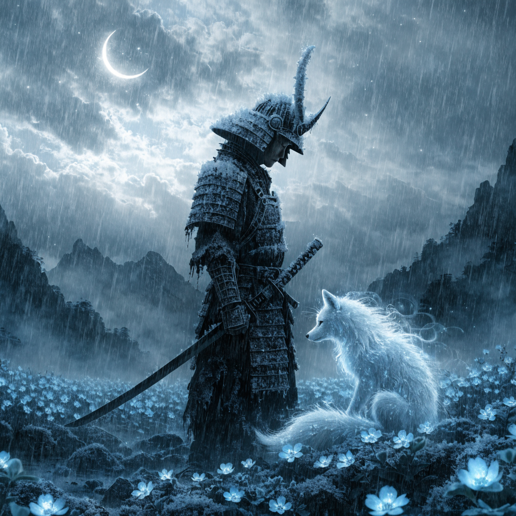 Recraft V4 Text-to-Image: A samurai standing in a field of luminous blue flowers under a crescent moon, his armor covered in frost, a sp