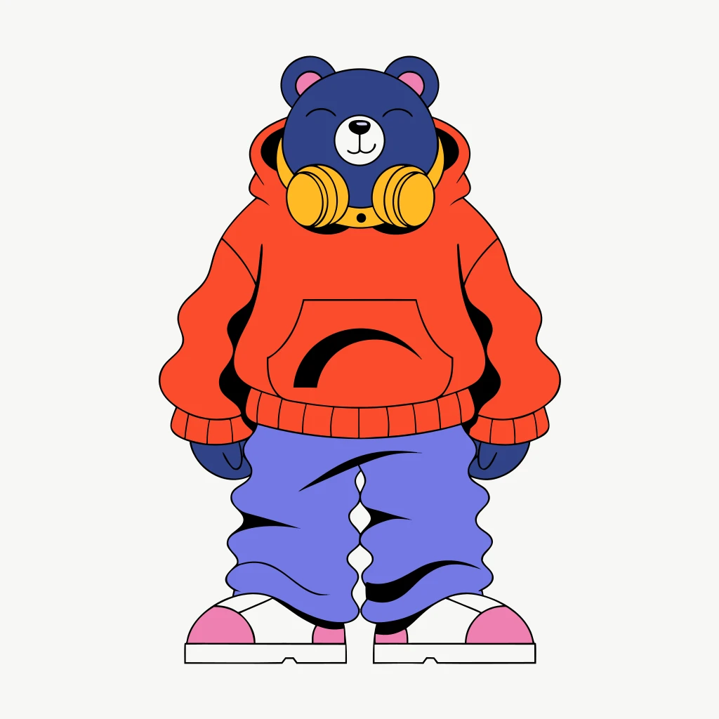 Recraft V4 Text-to-Vector: A cute character bear wearing a hoodie and headphones around its neck, 3d flat color, design, street fashion, 