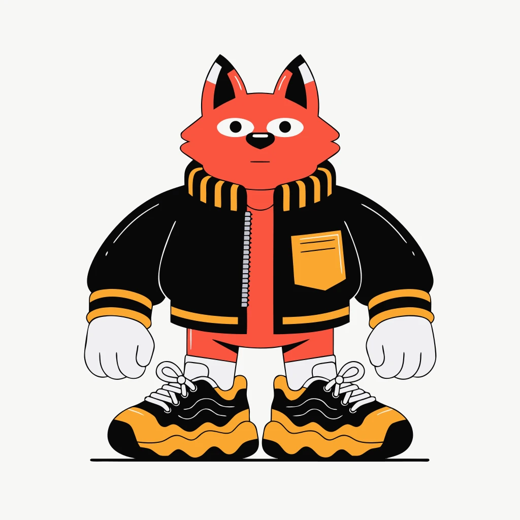 Recraft V4 Text-to-Vector: A cute character fox wearing a bomber jacket and sneakers, 3d flat color, design, minimal background, front vi