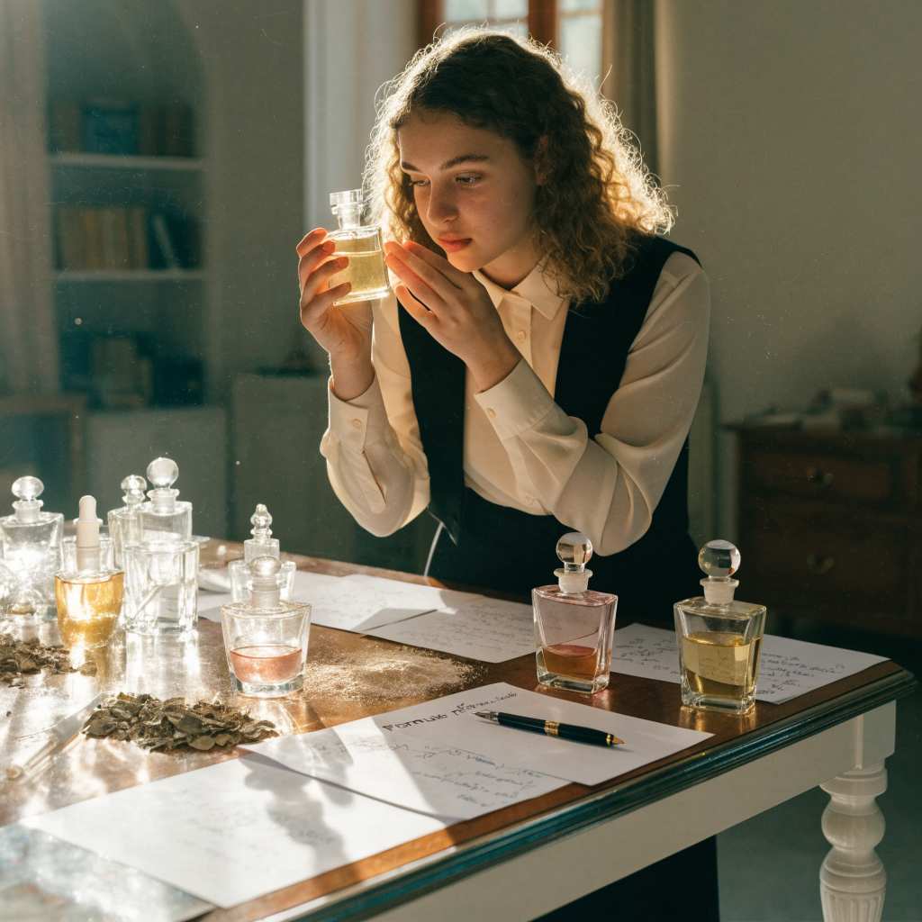 Recraft V4.1 Flash Text-to-Image: A young French female perfumer standing behind an elegant laboratory table filled with crystal perfume bottles