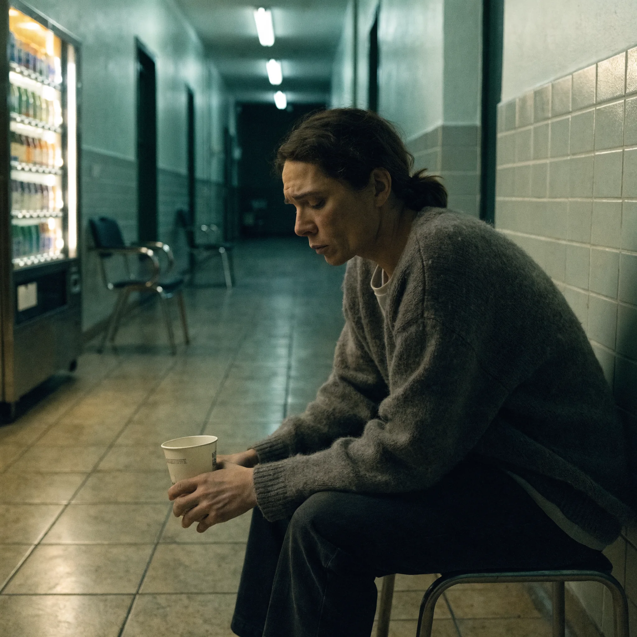 Recraft V4.1 Pro Text-to-Image-Utility: A cinematic drama still of an adult sitting alone in a quiet hospital corridor at night, empty chairs, vending