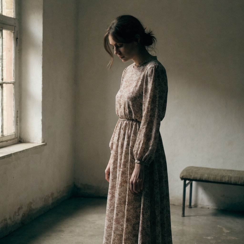 Recraft V4.1 Text-to-Image-Utility: A cinematic still of an adult woman standing in a simple empty room, plain walls, soft window light, quiet exp
